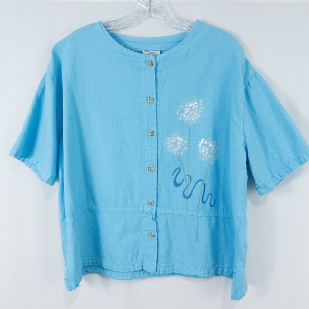 Cottonseed Hand Painted‎ Dandelion Button Short Sleeve Top Small Lagenlook Artsy
